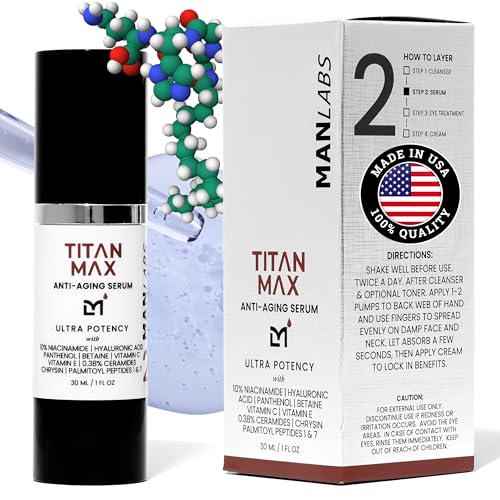 Titan MAX Anti-Aging Face Serum for Men ? Ultra Potency Mens Face Moisturizer ? Men, Dark Spots, Wrinkles, Fine Lines ? Vitamin C & E, 10% Niacinamide, Hyaluronic Acid ? Unscented