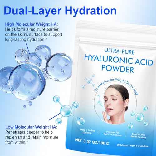 Hyaluronic Acid Powder - 2Pack, High Molecular Weight Hyaluronic Acid Serum PowdeCosmetics Grade | Skin Hydration and Moisture Support Supplements, 7.04 Oz