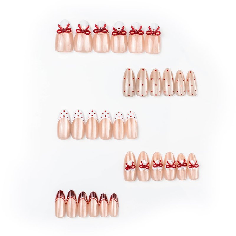 NEWSPIED French Tip Press on Nails Medium Almond Cute Red Bow Fake Nails with Polka Dot & Glitter Design Pink Acrylic False Nails Reusable Full Cover Cute Glue on Nails for Women Manicure 30Pcs