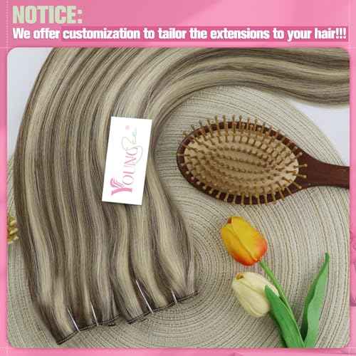 YoungSee Wire Hair Extensions Brown Blonde Invisible Wire Hair Extensions Human Hair Platinum Blonde with Light Brown Highlight Fish Line Hair Extension Real Human Hair 14 Inch 80g