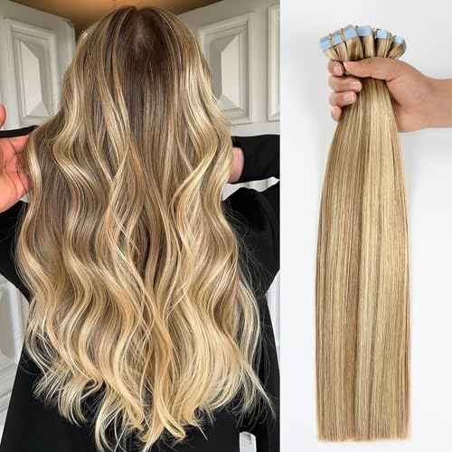 JESSBO Tape in Hair Extensions Human Hair Ash Blonde Highlighted Bleach Blonde 20 inch 20pcs 50g/pack Straight Seamless Skin Weft 100% Real Human Hair