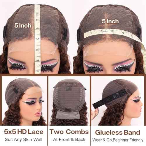 Curly BOB Wig Human Hair 200 Density 5x5 HD Lace Closure Deep Wave Wigs for Black Women Glueless Wear and Go Pre Plucked Deep Wave Wet and Wavy Glueless Wigs Human Hair Chocolate Brown 14 Inch