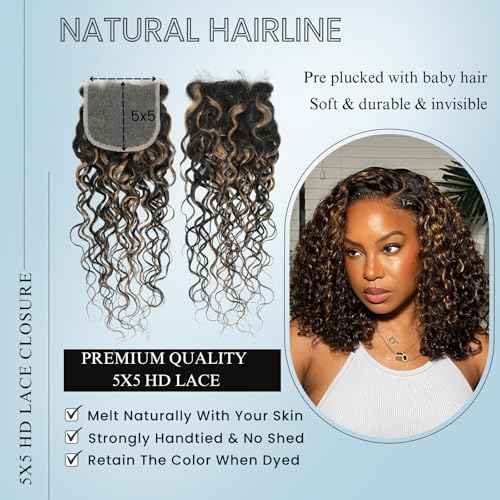 ALHER #F1B/27 Black and Blonde Highlight Water Wave 5x5 Larger Lace Closure, 12A Skunk Stripe Wet n Wavy Free Part Melt Lace, 100% Virgin Remy Human Hair Pre Plucked With Baby Hair 150% Density 18 IN