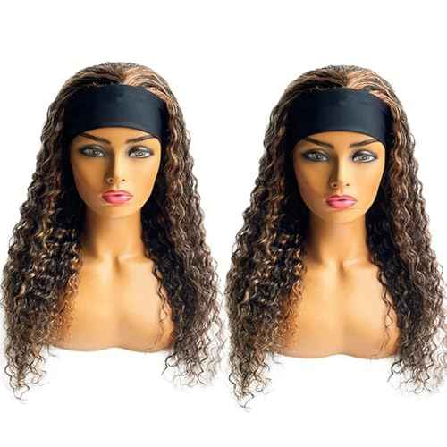 Highlight Deep Wave Wigs Human Hair 20 Inch Ombre Curly Headband Wig Human Hair Wigs for Black Women Human Hair Non Lace Front Wigs Brazilian Virgin Hair Brown Glueless Wear and Go Wigs Blonde
