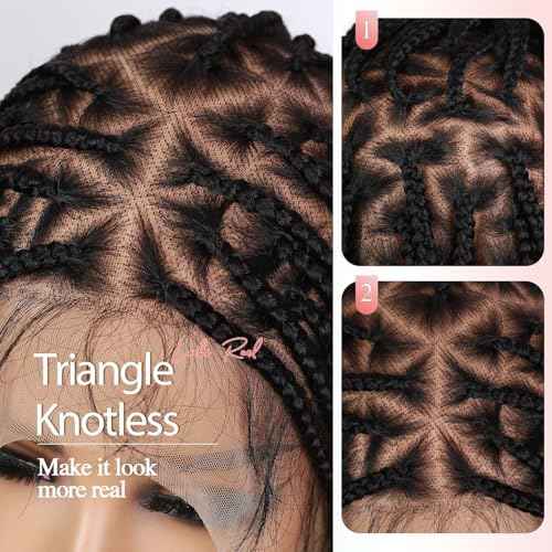 360 Full Lace Knotless Box Braided Wig, Long Black Synthetic Hair, Triangle Lace Front (Black, 34 inches)