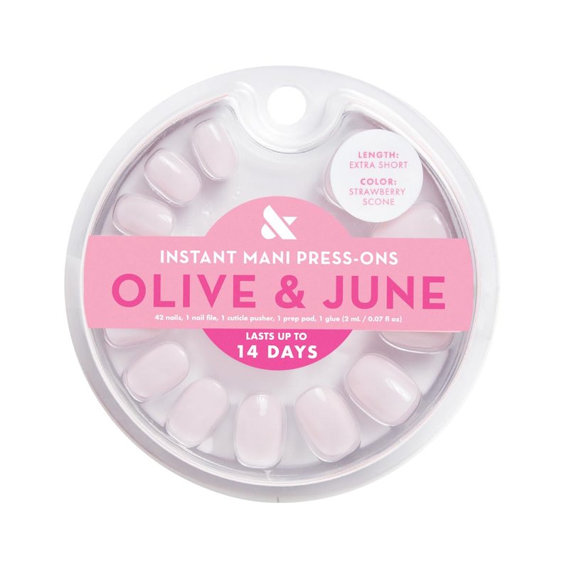 Olive & June Instant Mani Press-On Nails - 42 Non-Toxic, Long-Lasting Fake Nails | Spring Flowers & Patterns | Extra Short, Round | Strawberry Scone