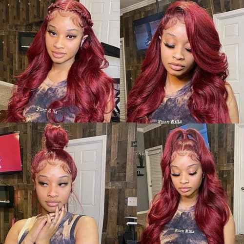 24Inch 99J Burgundy Lace Front Wigs Human Hair 13x6 Body Wave Glueless Wigs 180% Density Red Wig HD Transparent Wine Red Lace Front Wigs Human Hair