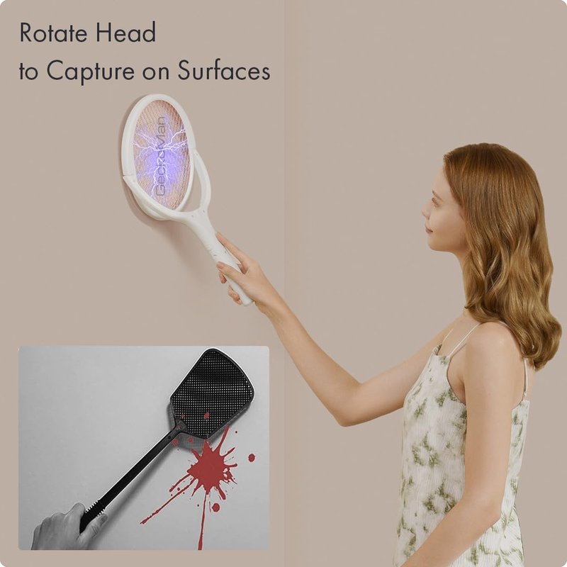 2-Pack GeckoMan Rotating Head Electric Fly Swatter Racket Rechargeable Bug Zapper Racket Bug Zapper Indoor Fly Zapper Mosquito Zapper Flies Killer for Indoors, with 2 Telescopic Extensions