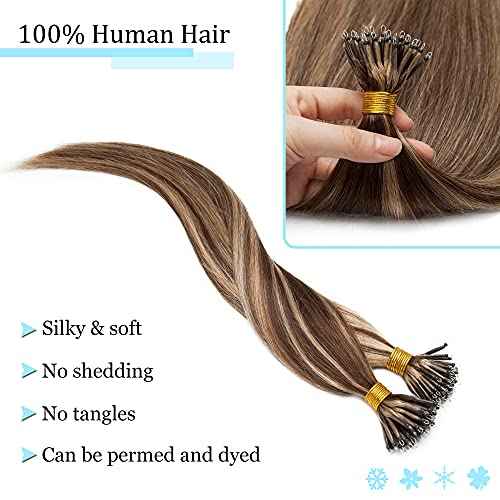 SEGO Nano Tip Hair Extensions Human Hair Balayage Nano Ring Beads Pre-bonded Seamless Highlight Extensions for Women 1g/strand 50g/pack -22 Inch 4P27 Medium Brown&Dark Blonde