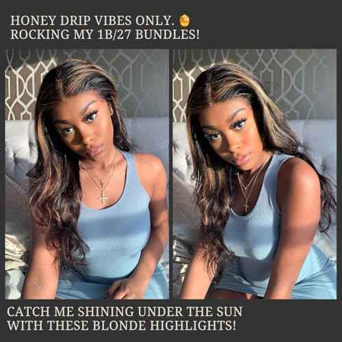 Highlight Honey Blonde Bundles Human Hair 24 Inch Body Wave Black and Blonde Balayage 1b/27 bundles 12A Brazilian Virgin Remy Hair Loose Wave Wavy Sew In Weave Ombre Single Bundle Piano Color P1b27