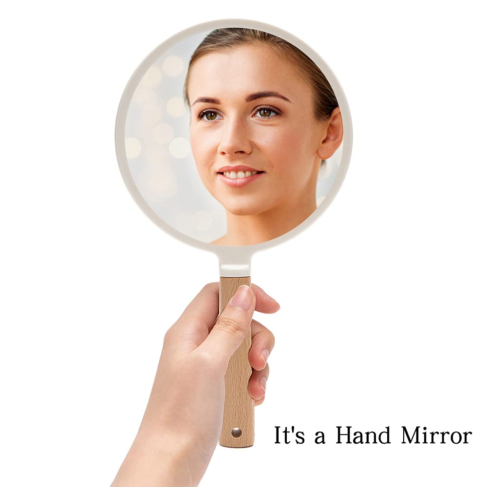 YEAKE Hand Held Mirror with Handle for Makeup,Small Cute Wood Hand Mirror for Shaving with Hole Hanging Single-Sided Portable Travel Vanity Mirror for Men&Women(Round)