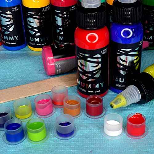 Mummy King TUT 12 Color Tattoo Ink Set 1oz Includes:True Blue,Sky Blue,Turquoise,Bright Orange,Brown,Lavender,Tropical Teal,Lime Green,Nuclear Green,hot Pink,Pink,Light Purple