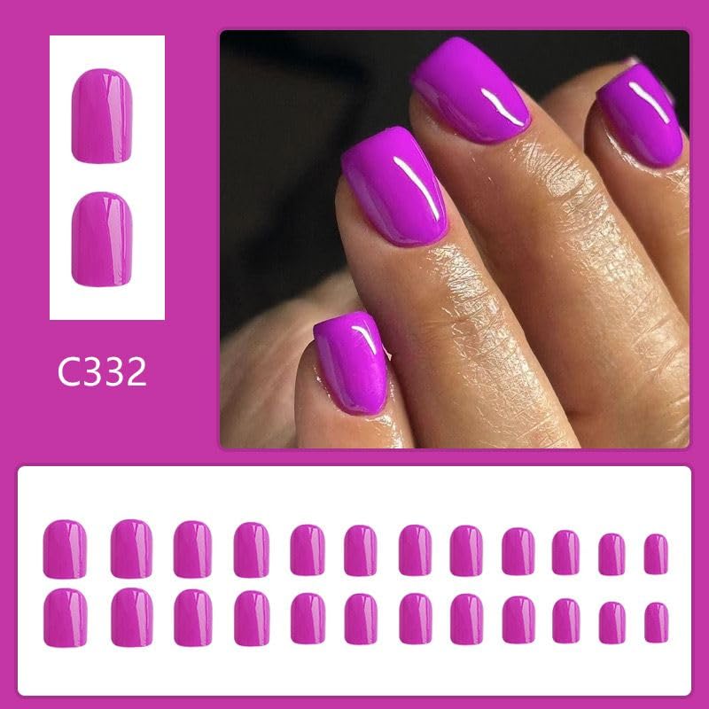 Bright Purple Press On Nails - Short Square Solid Color | 24 Pcs Glossy Full Cover Artificial Nails for Women