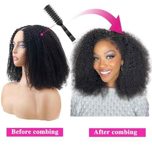 V Part Wigs Human Hair For Women 200% Density Upgrade Afro Kinky Curly V Part Wigs Human Hair Beginner Friendly No Glue V Part Wigs With Drawstring Natural Color(12 Inch)