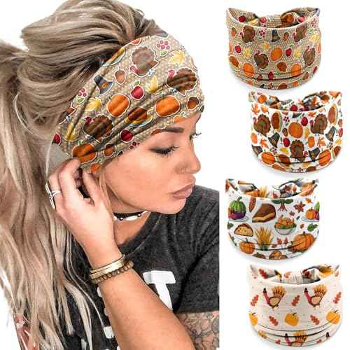 4Pcs Thanksgiving Day Headbands for Women - Turkey Fall Leaves Holiday Hair Bands, Autumn Festive Gift Hair Accessories (Turkey Dinner)