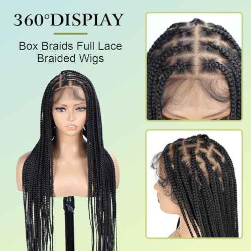 36 inch Single Full Lace Braided Wigs for Black Women, 360 HD Lace Knotless Box Braid Wigs with Baby Hair Black Synthetic Braid Wig