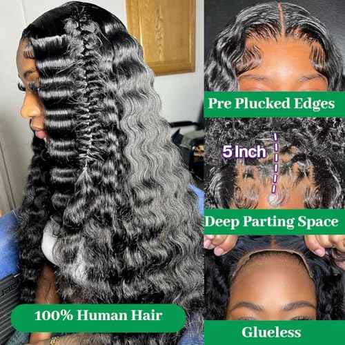 20 Inch Glueless Wigs Human Hair Deep Wave Lace Front Wigs Human Hair 180% Density Pre Plucked Pre Cut Glueless Wig 7x5 Lace Closure Deep Curly Human Hair Wigs for Women