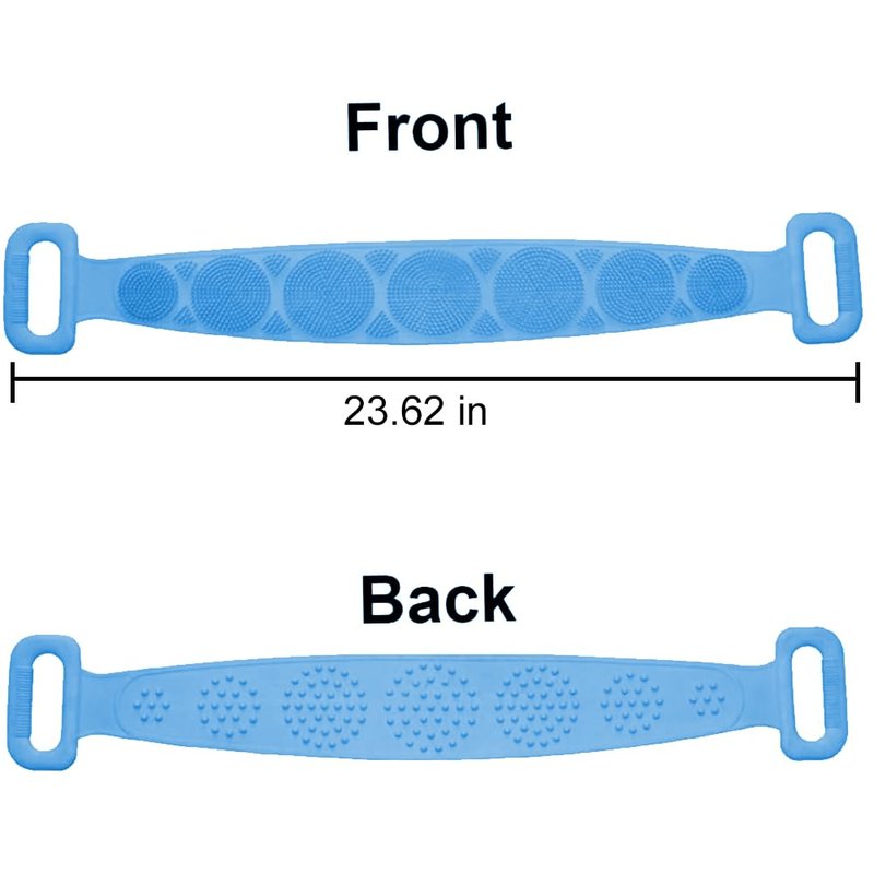 Silicone Back Scrubber for Shower, Dual-Sided Back Exfoliator Washer Scrub Strap -, Exfoliate and Massage, Hygienic, Durable and Easy to Clean, Blue and Purple 2 Pack