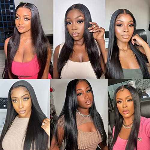 Brazilian Straight Bundles with Closure Human Hair Weave 3 Bundles and 4X4 HD Lace Closure (14 16 18+12 Inch) Unprocessed Virgin Remy Hair Free Part for Women