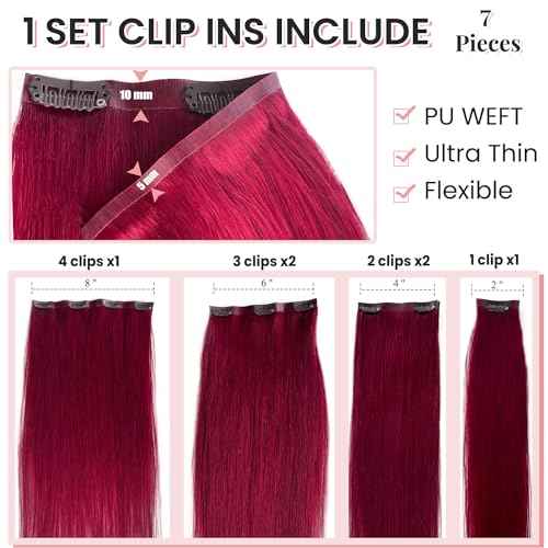 Hair Extensions Burgundy Clip in Hair Extension Real Human Hair Clip on Hair Extensions for Women 22 Inch 100G 7 Pcs