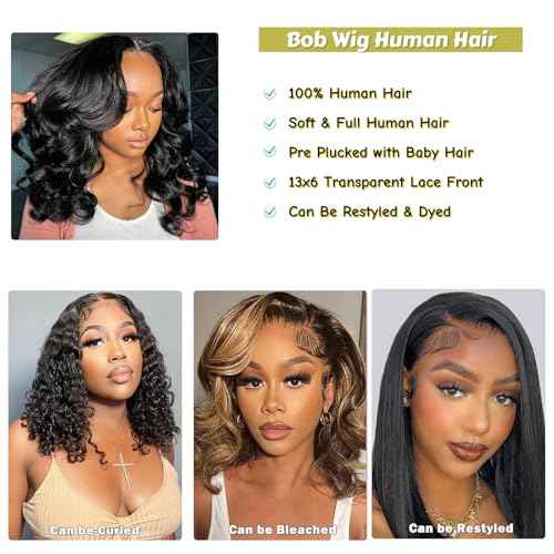 16 Inch Bob Wig Human Hair Short Body Wave Lace Front Wigs Human Hair 13x6 HD Lace Front Wigs 200 Density Body Wave Wigs Pre Plucked for Women Natural Black
