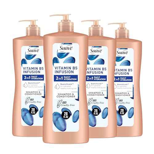 Suave 2-in-1 Moisture Shampoo & Conditioner with Vitamin B5 Infusion and pH Balanced Salon Formula, Anti-Frizz Cleansing for Dry Hair, 28 Oz (Pack of 4)