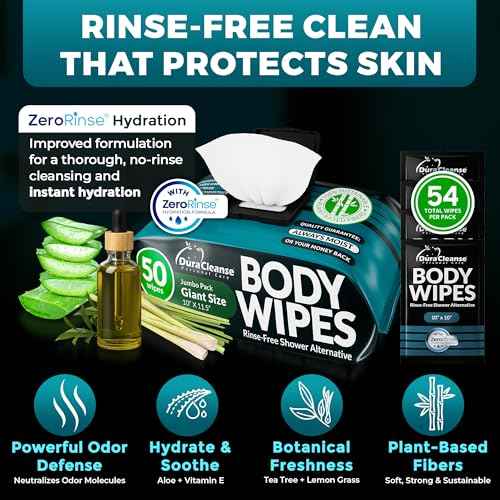 XL Body Wipes for Men ? 50 No Rinse Shower Sheets + 4 Travel Bath Sachets, 10" x 11.5" Adult Disposable Washcloths and Face Towels for Camping, After Gym and Survival Gear