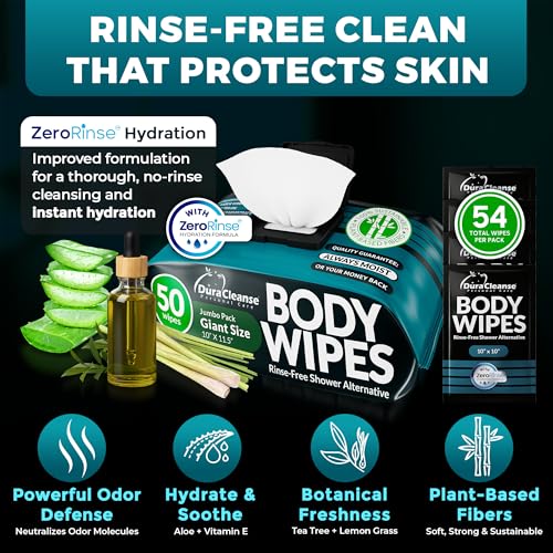 Body Wipes for Men (2 Pack) ? 100 XL No Rinse Shower Sheets + 8 Travel Bath Wipes, 10" x 11.5" Adult Disposable Washcloths for After Gym Use, Hunting, Camping and Travel