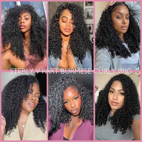 sterly V Part Wig Human Hair Glueless No Leave Out Upgrade U Part Wigs Burmese Curly Wig with Spiral End Deep Curly Wigs For Women Full Head Clip In Half Wigs 200% Density 20inch