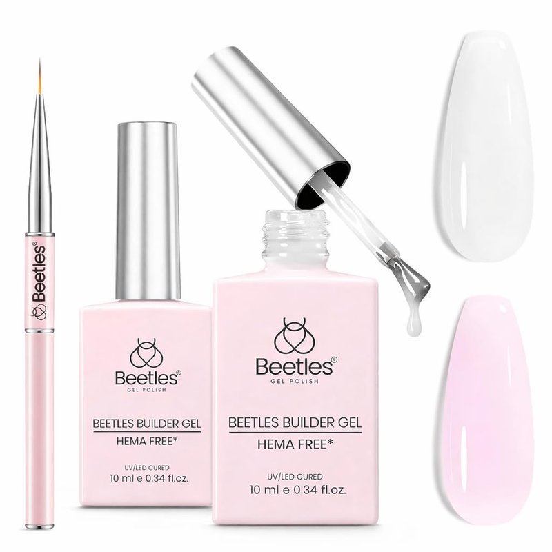 Beetles Builder Gel for Nails HEMA & TPO FREE-2 Colors Jelly Pink & White Building Gel with Nail Brush,Strengthening Nails Building Apex & Extension for Beginner DIY UV Nail Salon at Home,Soat Bloom