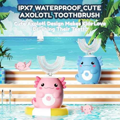 Kids Electric U Shaped Toothbrush - Axolotl Kids Sonic Toothbrush with 6 Brush Head Automatic Rechargeable 6 Cleaning Modes Full Mouth Cleaning-Pink