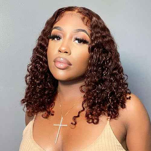 Curly BOB Wig Human Hair 200 Density 5x5 HD Lace Closure Deep Wave Wigs for Black Women Glueless Wear and Go Pre Plucked Deep Wave Wet and Wavy Glueless Wigs Human Hair Chocolate Brown 14 Inch
