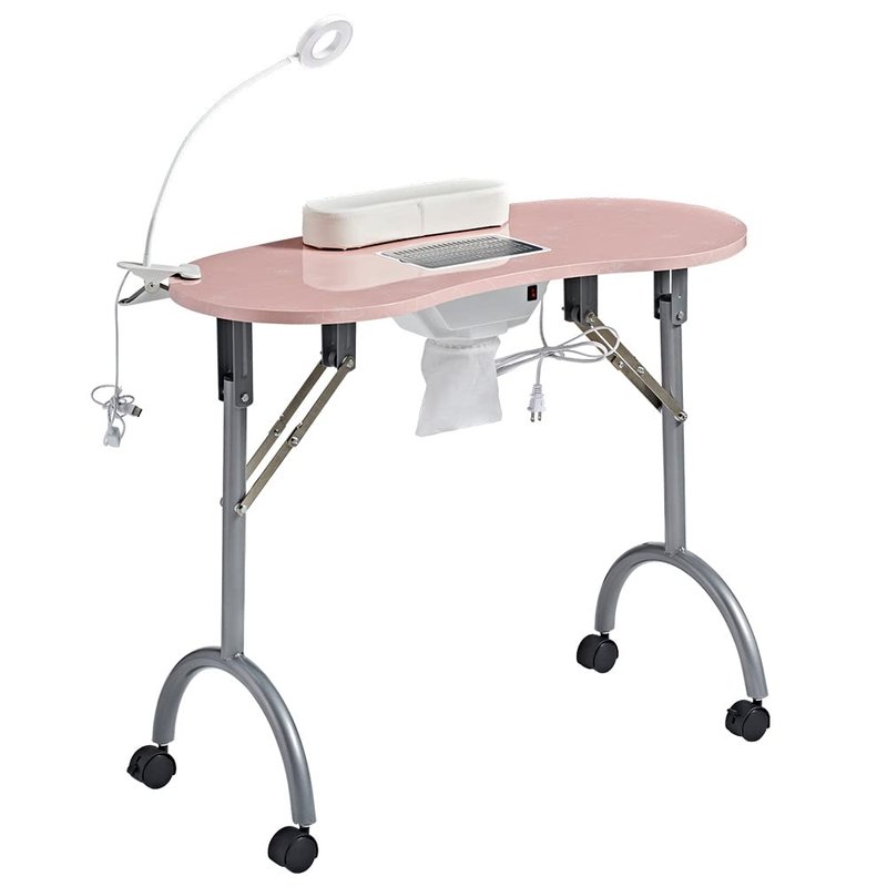 CHAOEEMY Nail Desk Portable Manicure Table, Professional Nail Table with USB-plug LED Table Lamp, Sponge Pillow, Electric Dust Collector, Carrying Bag，Pink