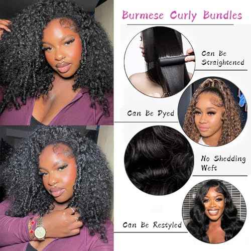 Burmese Curly Bundles Human Hair Water Wave Human Hair 100% Unprocessed Brazilian Virgin Remy Hair Bundles Quick Weave for Women Natural Black (Burmese Curly Natural Black, 18 20 22 Inch NEW)