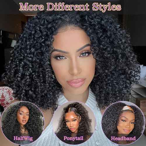 Half Wig Human Hair Kinky Curly Flip Over Wig 230% Density with Drawstring Seamless Clips Glueless Natural Black Ready to Wear Wigs for Women 16 Inch