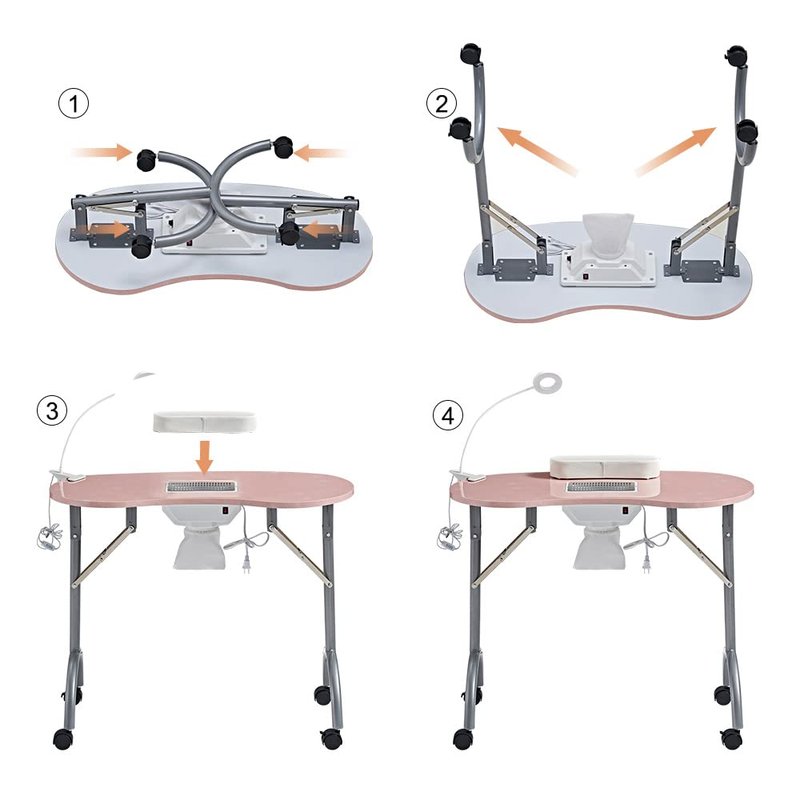CHAOEEMY Nail Desk Portable Manicure Table, Professional Nail Table with USB-plug LED Table Lamp, Sponge Pillow, Electric Dust Collector, Carrying Bag，Pink