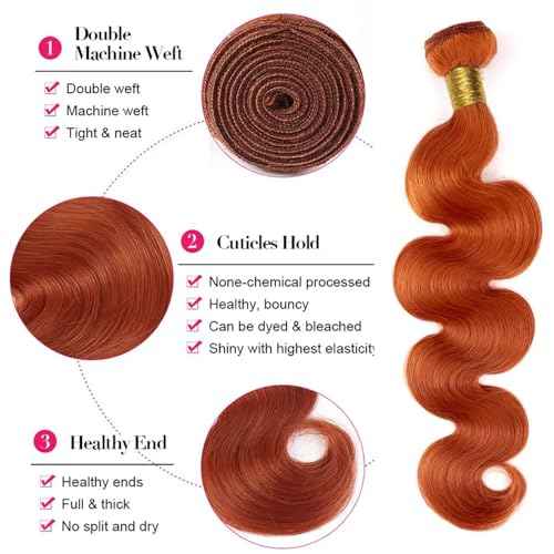 Ginger Body Wave Bundles Human Hair Color 350 Double Weft Brazilian Hair Extersions Burnt Orange Wet and Wavy Bundles Soft Silky for Black Women 20 22 24 Inch
