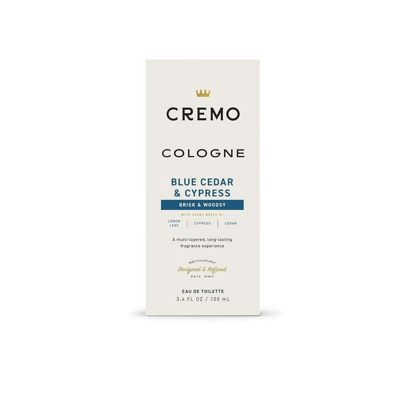 Cremo Cologne For Men - Blue Cedar & Cypress Mens Cologne Spray, A Woodsy Scent with Notes of Lemon Leaf, Cypress and Cedar, Multi-Layered Signature Men's Fragrances, 3.4 Fl Oz