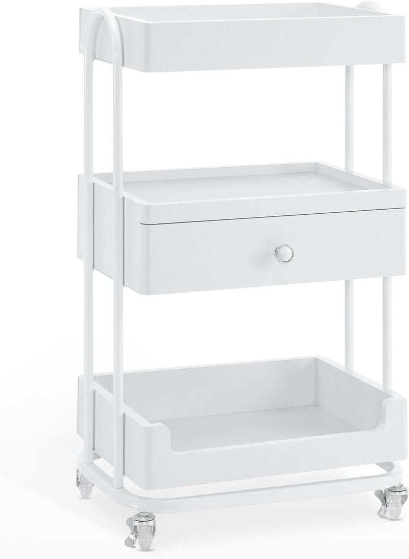 Salon Trolley Cart with Lockable Wheels - Engineered Wood Storage for Barber Shop & Spa | White