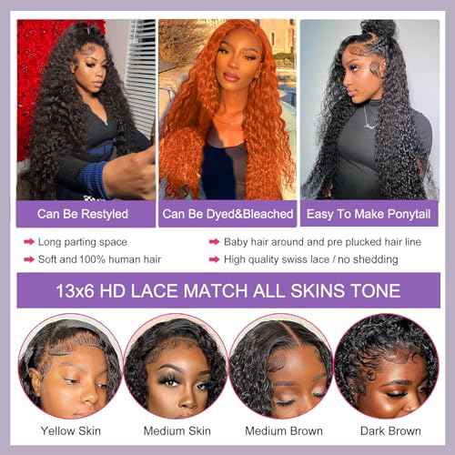 13x6 Deep Wave Lace Front Wigs Human Hair True 200 Density Pre Plucked Deep Wave Wig Human Hair 12A Glueless Wet and Wave Curly Lace Frontal Wigs For Women (Black, 22 Inch)