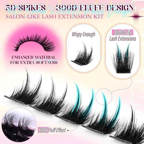 Fluffy Lash Clusters with Spikes Lash Extension Kit Volume Eyelash Clusters Kit Spikes Lash Clusters Kit 300D Wispy Eyelash Extension Kit 12-22mm Long Cluster Eyelash Extensions Kit