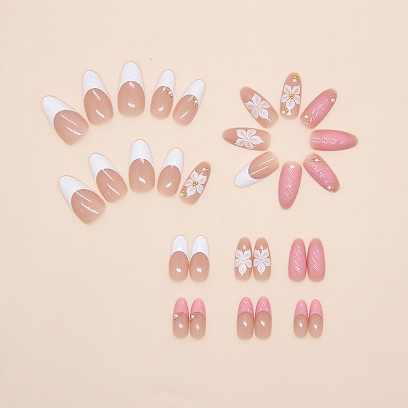 30Pcs 3D Pink Press on Nails Almond Medium False Nails White French Tip Fake Nails with Gold Bead Flower Rhinestones Design Cute Glue on Nails Artificial Spring Flower Acrylic Nails for Women Manicure