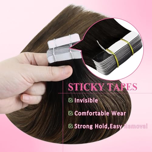 YoungSee Tape in Human Hair Extensions Brown Balayage Tape in Extensions Human Hair Dark Brown Tape-in Hair Extension Ombre Human Hair Tape-in Extension Long Hair 20 Inches 20pcs 50g