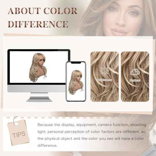 Platinum Blonde Highlight Ombre Light Brown Wig Long Wavy Layererd Wigs with Curtain Bangs for White Black Women,Synthetic Blonde Highlight Layered Wig for Daily Party Use 24Inch