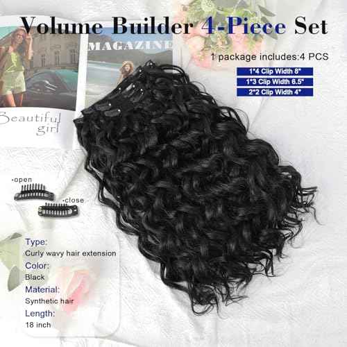 18 Inch Curly Wavy Clip in Hair Extensions 4PCS,QGZ Heat-Stylable Synthetic Lace Weft Extensions for Women, Black for Daily & Party Wear