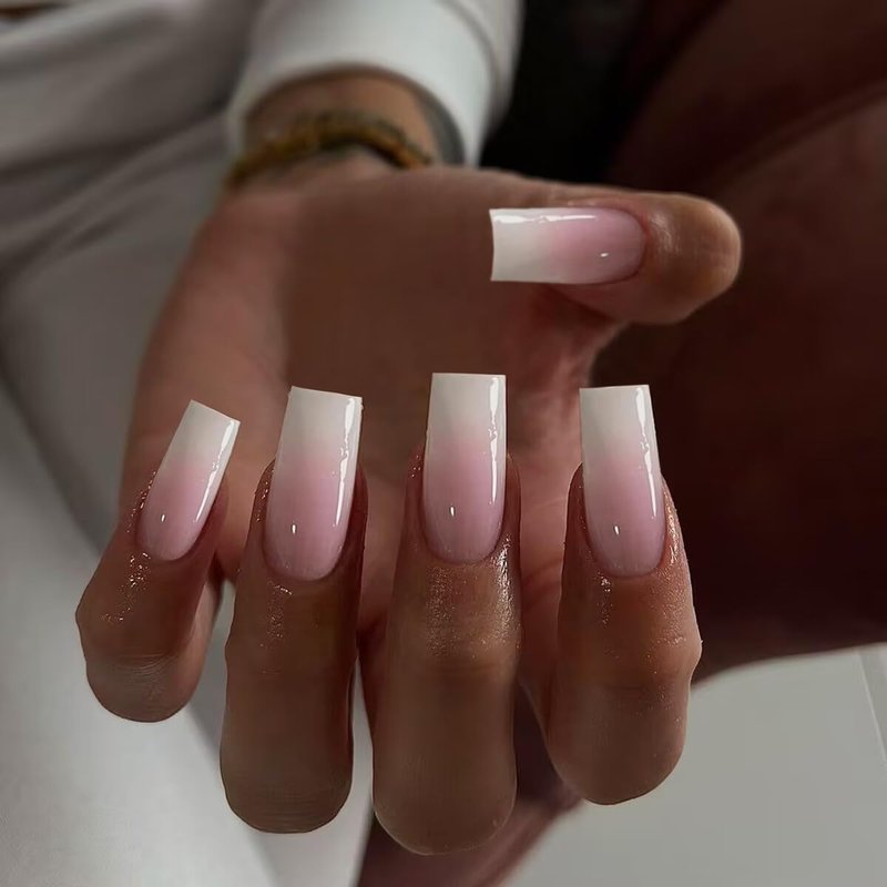 Ombre Pink Press-On Nails | Long Square Gradient French Tips - 24 Pcs Coffin Acrylic Set for Women