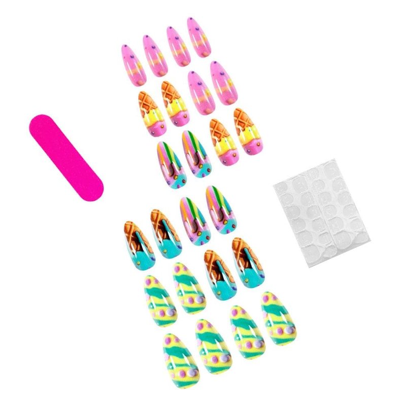 Ice Cream Cone Press on Nails Medium Almond Fake Nails with Design Macaroon Glue on Nails Glossy Summer Stick on Nails Reusable Full Cover Artificial False Nails for Women Girls Manicure 24Pcs