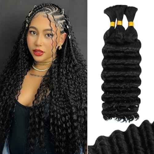 16 Inch Deep Wave Human Braiding Hair for Boho Braids ? 120g 3 Bundles/Pack Natural Black 100% Unprocessed 12A Brazilian Virgin Human Hair Bulk, No Weft, Wet & Wavy Curly Extensions