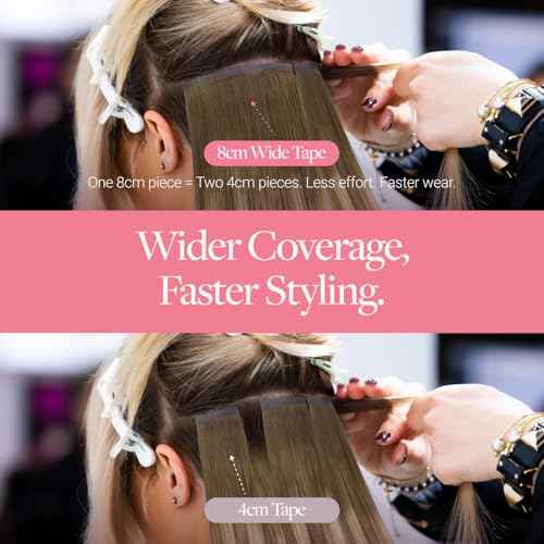 GOO GOO Tape in Hair Extensions Human Hair, 3/8/613 Walnut Brown to Ash Brown and Bleach Blonde, 8cm Wide Tape, 18inch 10pcs 50g, Tape Weft Hair Extensions, Real Human Hair, Seamless Tape in