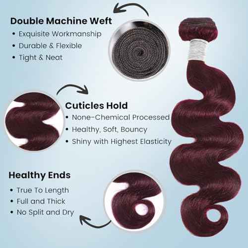ALHER 99j Dark Burgundy Body Wave Single Bundle 26 Inch, 12A Burgundy Bundles Human Hair Sew In Weave for Black Women, Soft Thick Wine Red Colored 100% Unprocessed Virgin Remy Hair